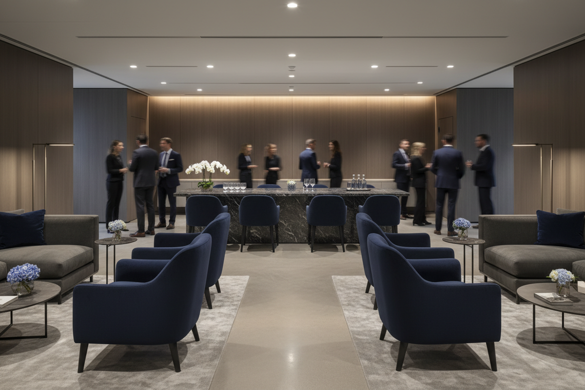 An event in a quiet luxury executive office with navy and gray colors. Blur people.